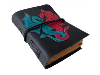 Soft Double Dragon Embossed Leather Journal Bound Tan Wrap With Black Double Color