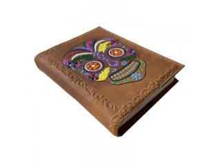 Handmade Antique Brown Soft Leather Journal Colorful Day Of The Dead Skull Design