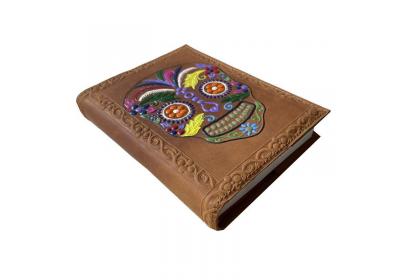 Handmade Antique Brown Soft Leather Journal Colorful Day Of The Dead Skull Design