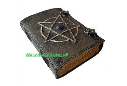 Wholesaler Hard Le Cuir Pentacle Pentagram Wicca Wiccan Antique Leather Handmade Pagan Star Embossed Leather Journal, Dual C Lock Spell Book Of Shadows Sketchbook Drawing Scrapbook