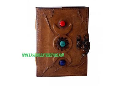 Handmade Grimoire Leather Journals Triple Moon Stone Book Of Shadows Recycled Cotton Paper Best Gift For Unisex