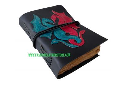 Soft Double Dragon Embossed Leather Journal Bound Tan Wrap With Black Double Color