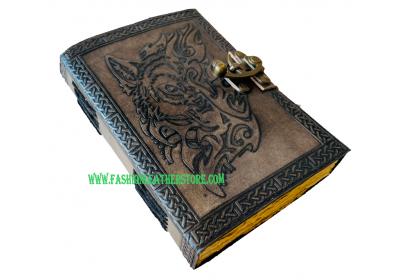 Wholesaler Handmade Grimoire Mythological Lunar Wolf Face Leather Journal Book Of Shadows