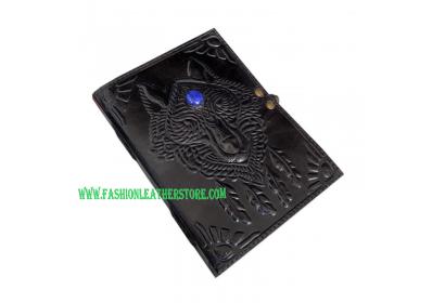 Embossed Wolf Face With Stone Design Leather Journal