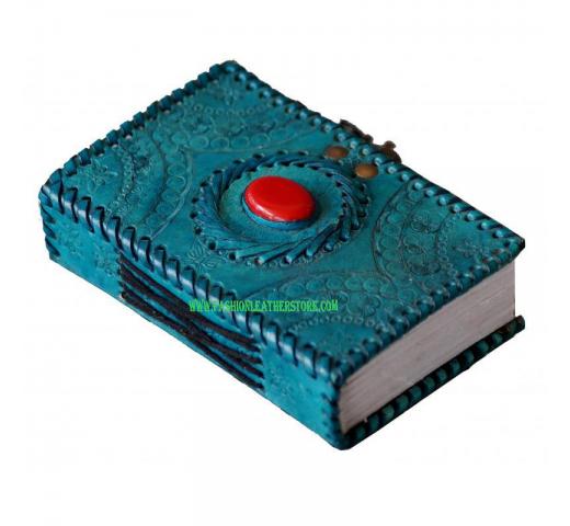 Leather Journal Embossed Single Red Stone Notebook & Sketchbook With Side Stitching