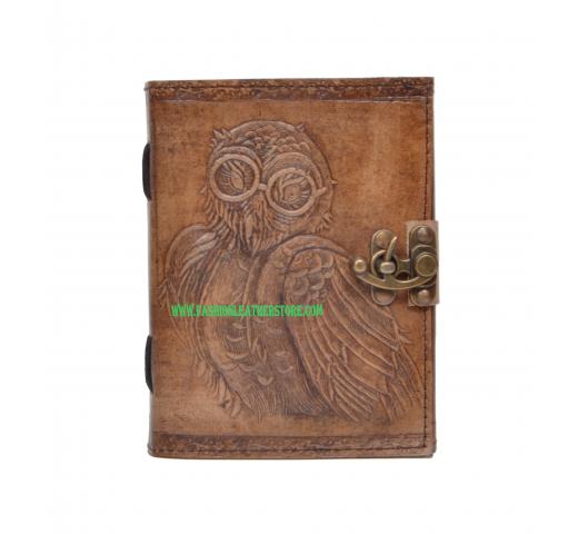 New Charcoal Colour Genuine Handmade Owl Embossed Vintages Blank Paper Notebook Leather Journal Diary