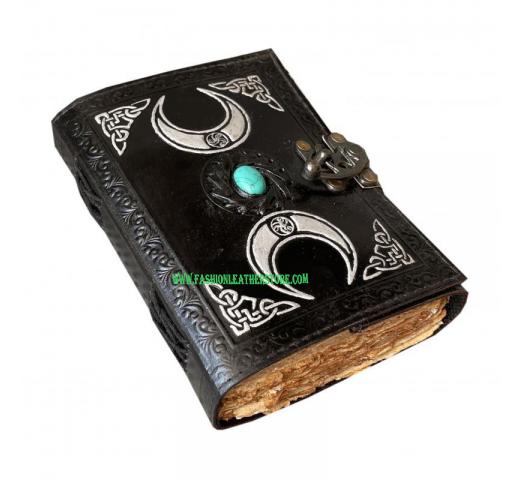Triple Moon Design Leather With Witch Stone Leather  Journal