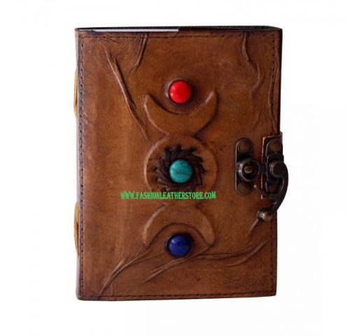 Handmade Grimoire Leather Journals Triple Moon Stone Book Of Shadows Recycled Cotton Paper Best Gift For Unisex
