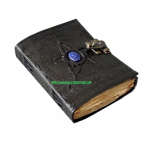 Pentagram Embossed Leather Journal Notebook - With Stone