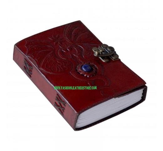 Leather Journal Handmade Notebook Fairy Dragon Embossed With Stone