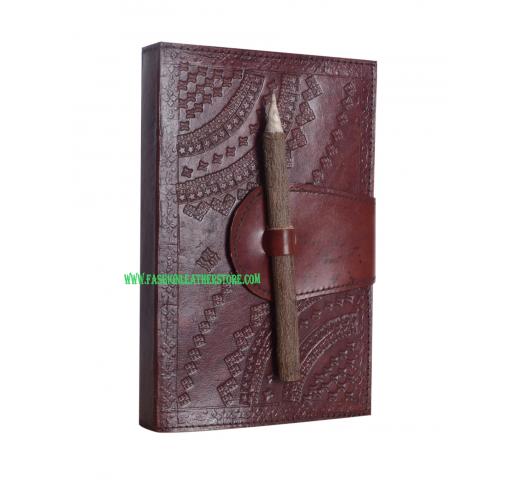 Leather Handmade Embossed Brown Blank Dairy Note Book With Pencil Closer Book