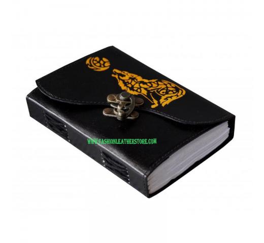 Leather Journal Handmade Notebook Double Color Howl Wolf Design Embossed