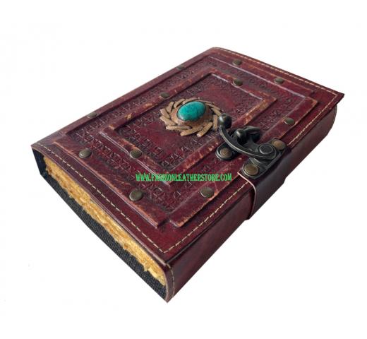 New Handmade Genuine Leather Antique Shape TOURQUISE Stone Leather Journal Antique Diary Spell Book Of Shadows Notebook