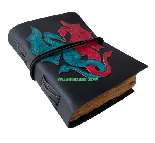 Soft Double Dragon Embossed Leather Journal Bound Tan Wrap With Black Double Color