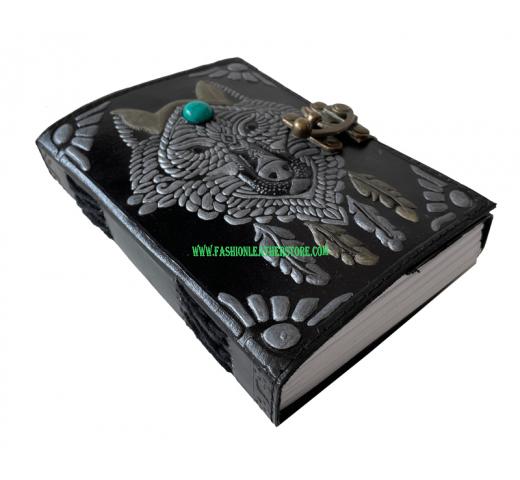 Handmade Black Wolf Embossed Double Color Vintage Spell Book Leather Journal