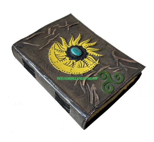Sun moon Stone Vintage Leather Journal 200 Sketchbook Book Of Charmed Spell Celtic Antique Handmade Deckle Edge Paper Yellow With Charcoal Embossed