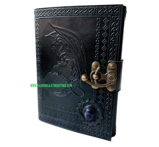 Handmade Embossed Leather Journals for Writing Notebook Sketchbook Diary with Lock for Men Women DND Book of Shadows dungeons and dragon with Stone