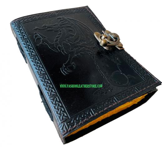 Wholesaler Handmade Grimoire Fire Dragon Black Leather Journal Book Of Shadows Leather Not
