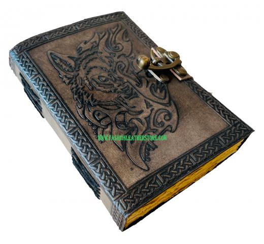 Wholesaler Handmade Grimoire Mythological Lunar Wolf Face Leather Journal Book Of Shadows