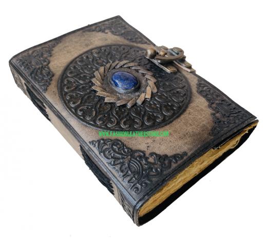 Vintage Stone Embossed Binding Leather Journal Semi Stone Unlined Journal With Clasp Black Large Notebooks Hardcover Book Planner Deckle Edge Paper