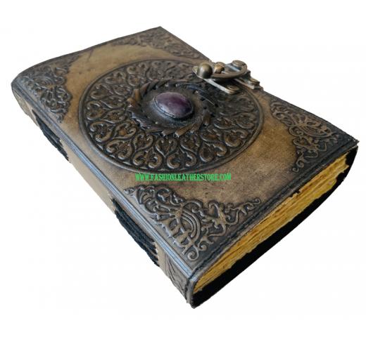 Vintage Stone Embossed Binding Leather Journal Semi Stone Unlined Journal With Clasp Black