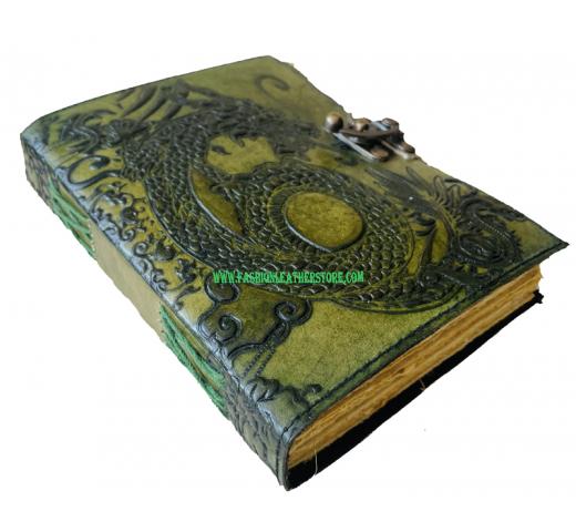 Handmade Leather Dragon In Antique Green Journal Notebook Diary For Men & Women, Full Genuine Leather Diary With Hand Made Paper