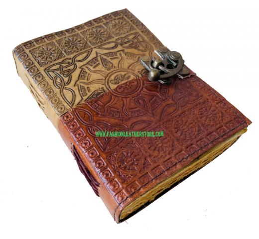 Antique Handmade two Tone Color Sun Design Deckle Edge Paper Leather Sketchbook Book Of Charmed Spell Sun Embossed Vintage Leather Journal 240 Pages