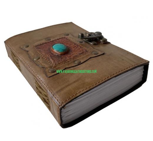 Charcoal Vintage Leather Journal With Single Stone In Square Shape Spell