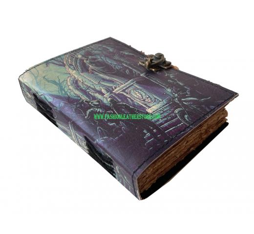 Wholesaler Handmade Day Of The Dead Reaper Printed Vintage Spell Book Of Shadows Leather Journal With C Lock Best Gift For Christmas, New Year, Men, Women Deckle Edge Paper 200 Pag