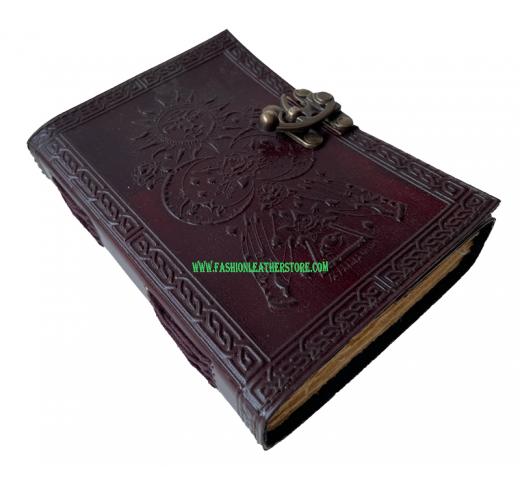 Brown celtic sun and moon deckle edge paper cheap classic vintage leather journal book of shadows brown blank diary 