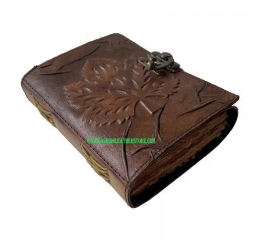 Leaf Embossed Grimoire Leather Notebook With Brown Color And Handmade Unlined Deckle Edge Paper Best Gift For Men And Women