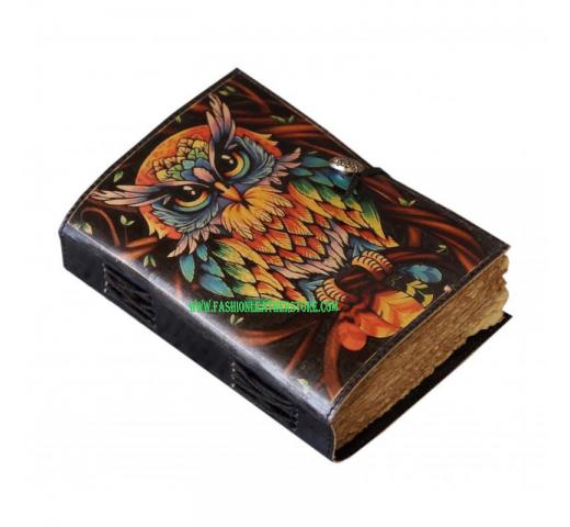 Leather Printed Journal Notebook Handmade Owl Print Design Vintage Deckle Edge Paper