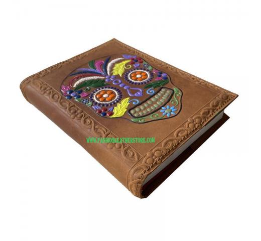 Handmade Antique Brown Soft Leather Journal Colorful Day Of The Dead Skull Design