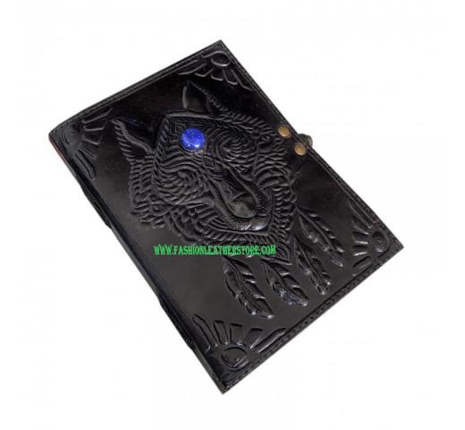 Embossed Wolf Face With Stone Design Leather Journal